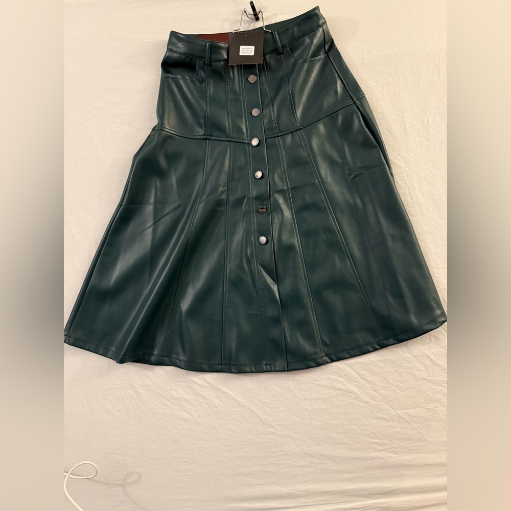 Marc New York Faux Leather Button Front Midi Skirt Deep Green NWT Womens 4
